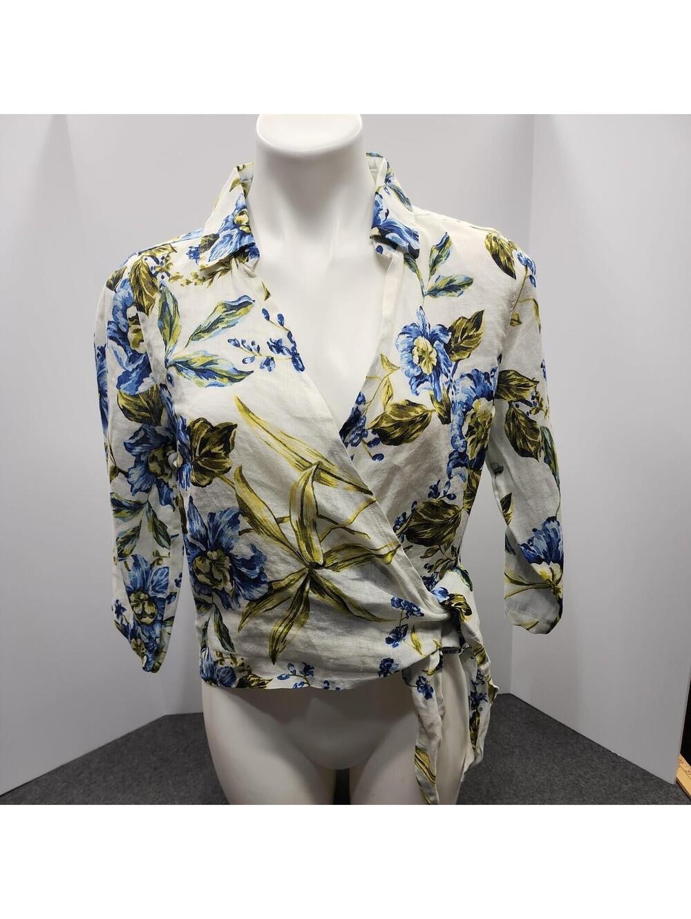 Joie 100% Linen Floral Print Button Down Shirt Top V Neck Womens Small Front Tie